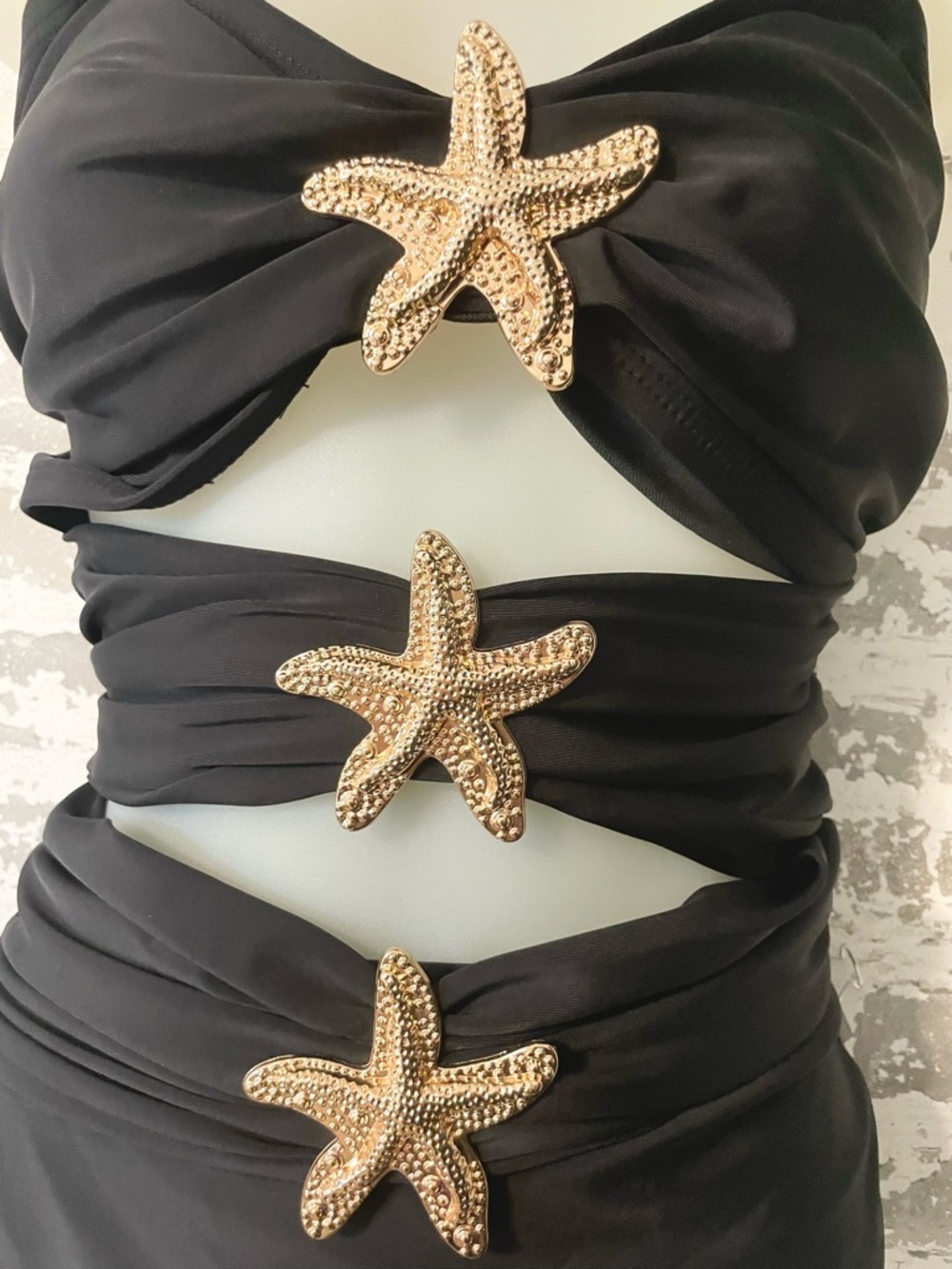 Black Cutout One Piece Swimsuit Gold Starfish Detail 1XL Ruched - Picture 3 of 9